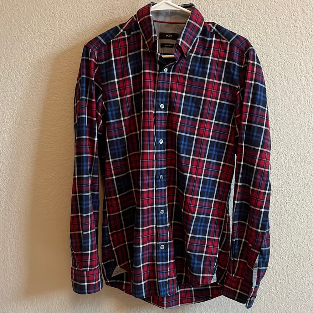 Hugo Boss size small blue and red plaid shirt